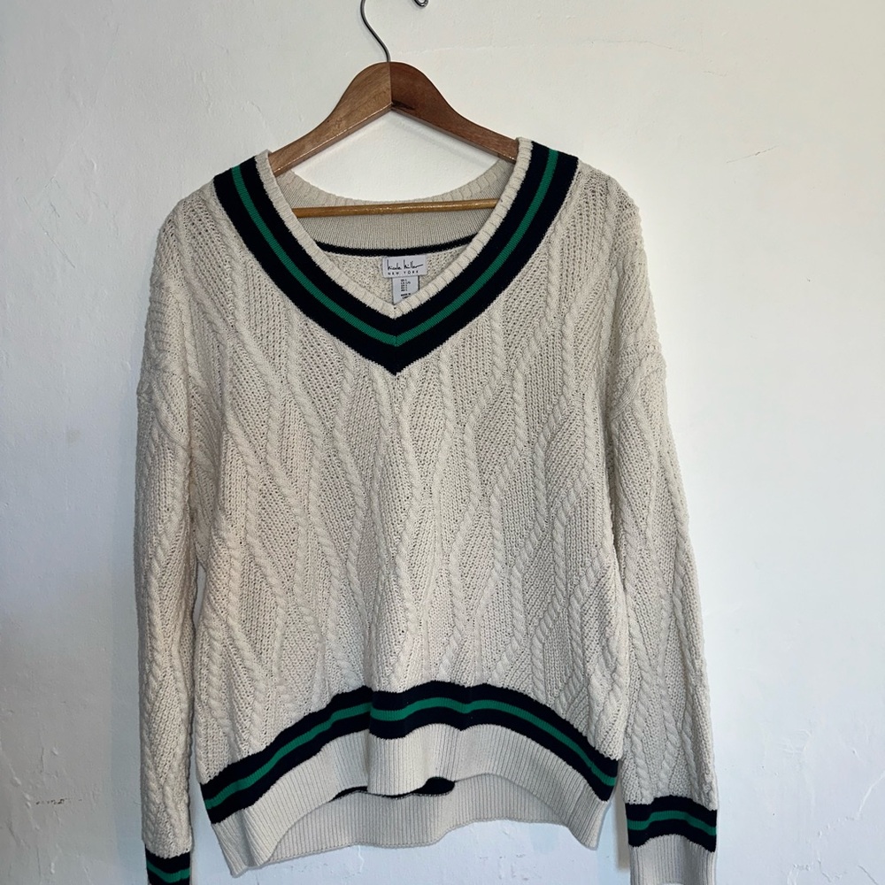 Nicole Miller Cream V-Neck Sweater with Green and Navy Trim
